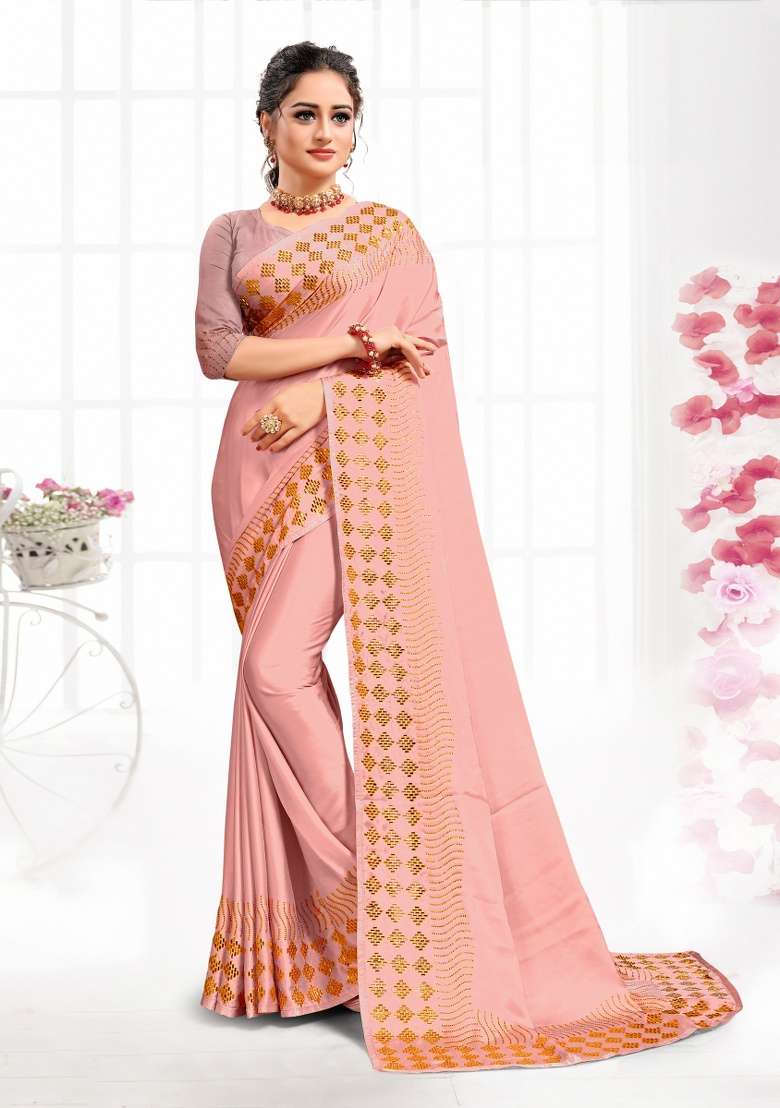 Peach Heavy Siroski Hot Fix Satin Saree Set with Stone Work for Diwali | Wedding & Festive Wear - Indya