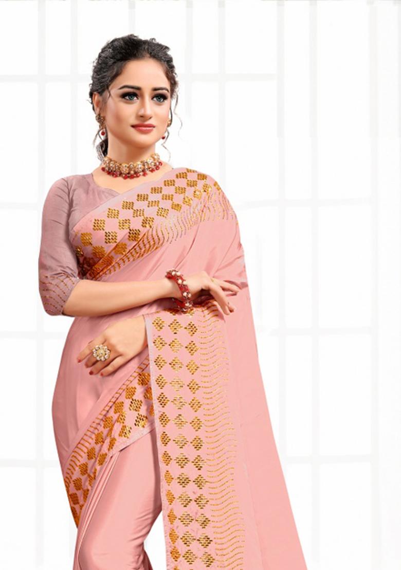 Peach Heavy Siroski Hot Fix Stone Work Satin Saree Set - Indya