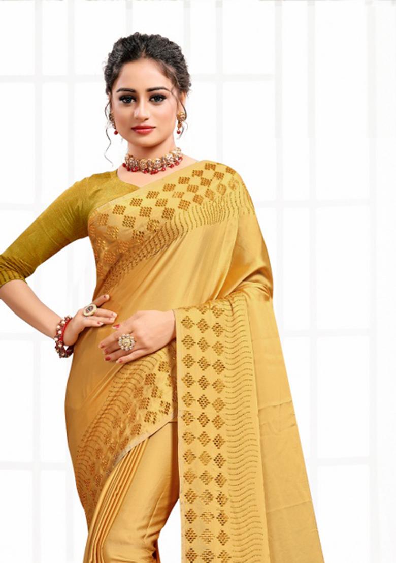 Mustard Heavy Siroski Hot Fix Stone Work Satin Saree Set - Indya