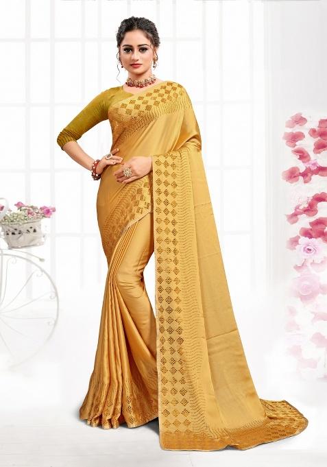 Mustard Heavy Siroski Hot Fix Stone Work Satin Saree Set