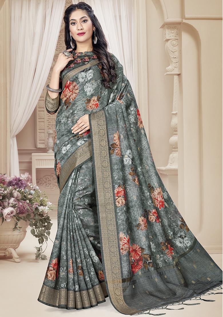 Grey Jari Rapier Border Silk Saree Set - Indya