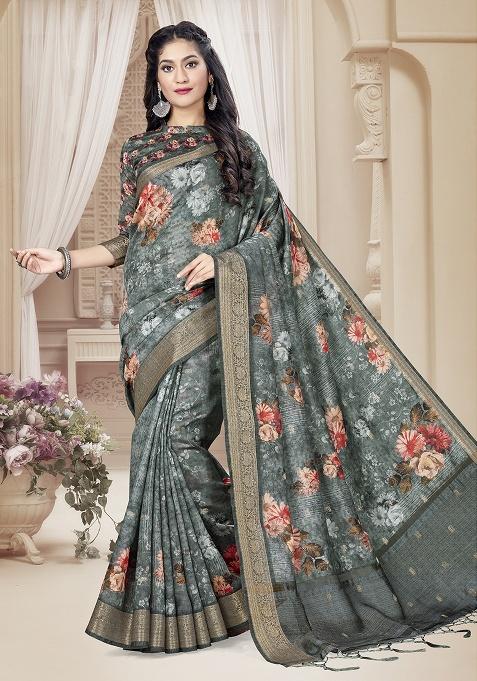 Grey Jari Rapier Border Silk Saree Set