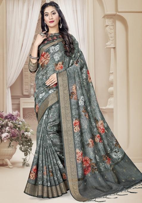 Grey Jari Rapier Border Silk Saree Set