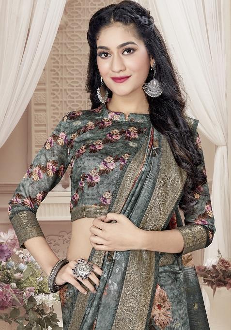 Grey Jari Rapier Border Silk Saree Set