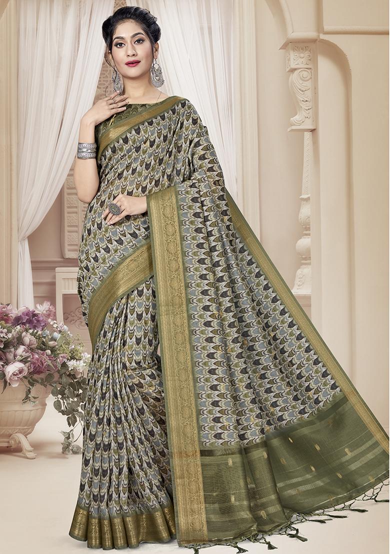 Mehndi Jari Rapier Border Silk Saree Set
