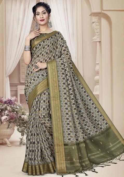Mehndi Jari Rapier Border Silk Saree Set