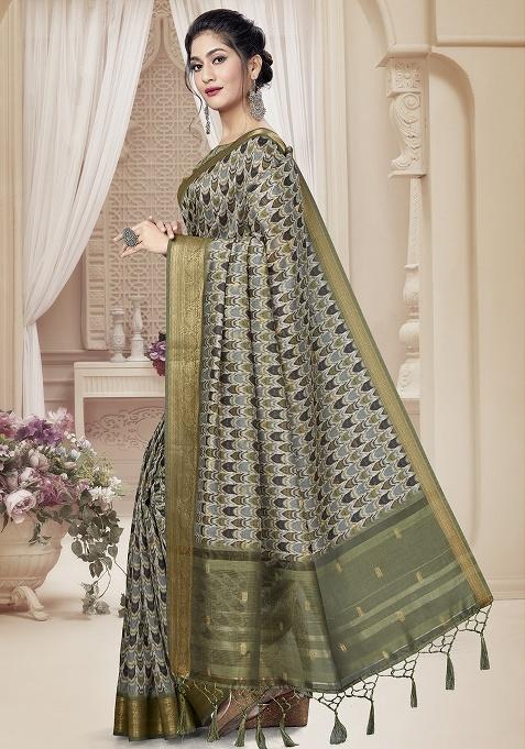 Mehndi Jari Rapier Border Silk Saree Set