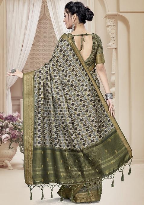 Mehndi Jari Rapier Border Silk Saree Set