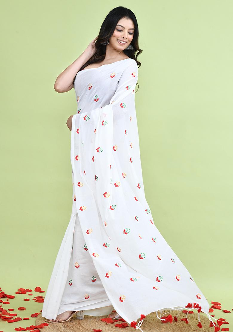 White Hand Embroidery Khadi Saree Set - Indya