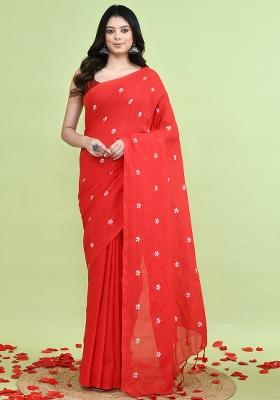 Orange Hand Embroidery Khadi Saree Set