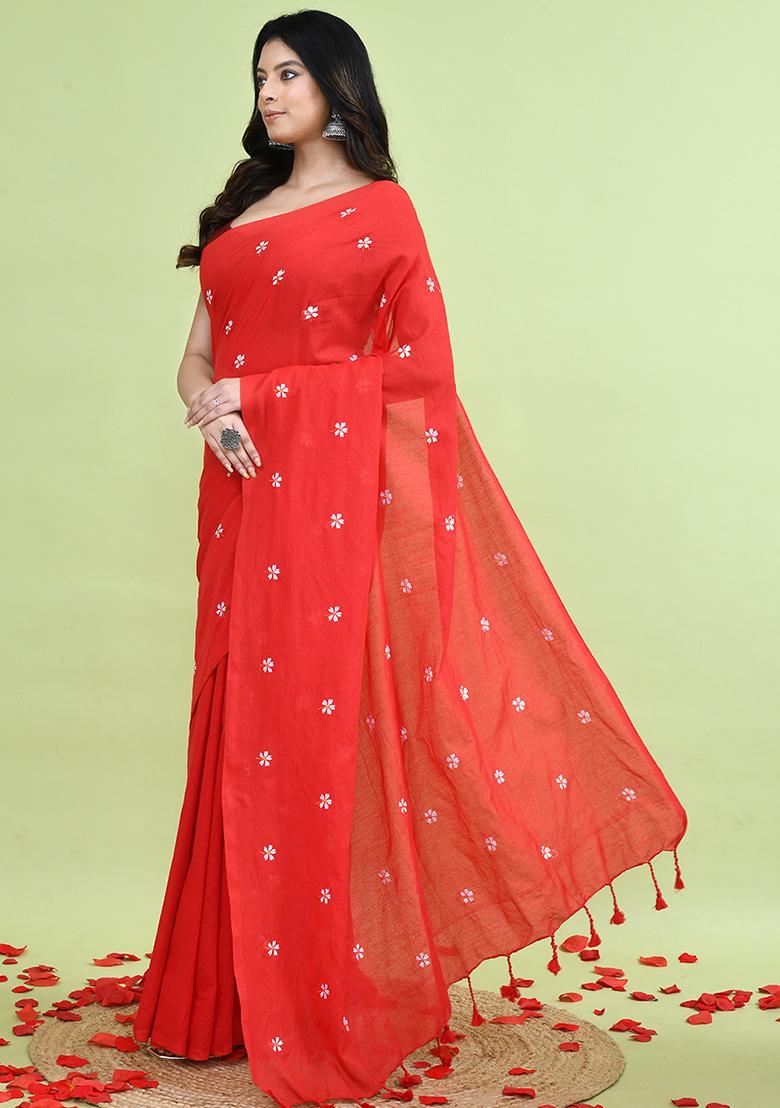 Orange Hand Embroidery Khadi Saree Set