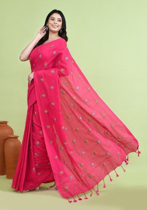 Orange Hand Embroidery Khadi Saree Set