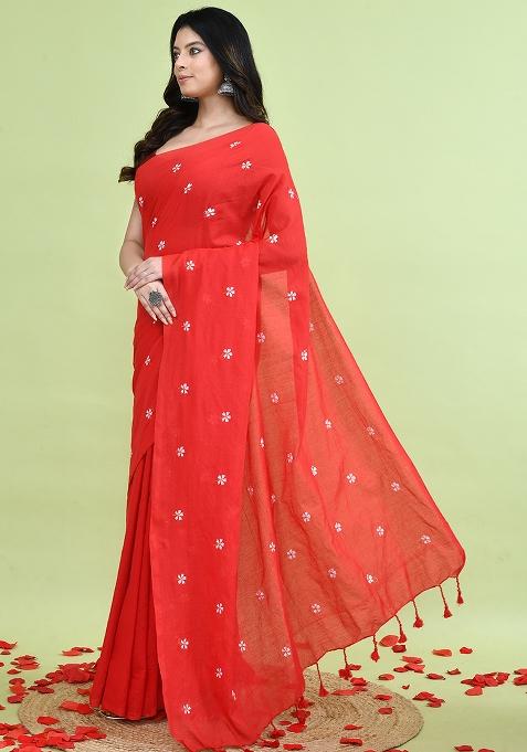 Orange Hand Embroidery Khadi Saree Set