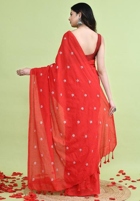 Orange Hand Embroidery Khadi Saree Set