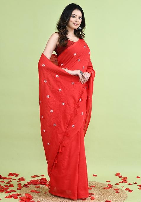 Orange Hand Embroidery Khadi Saree Set