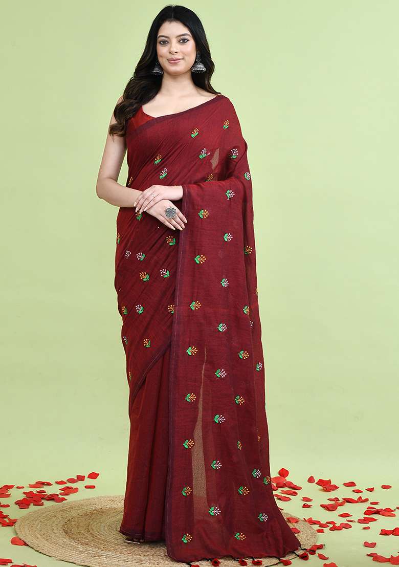 Brown Hand Embroidery Khadi Saree Set for Diwali and Festive Wear - Indya