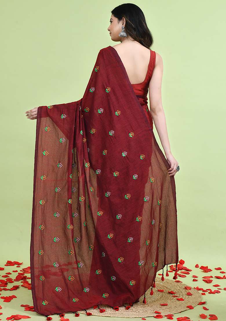 Brown Hand Embroidery Khadi Saree Set for Diwali and Festive Wear - Indya