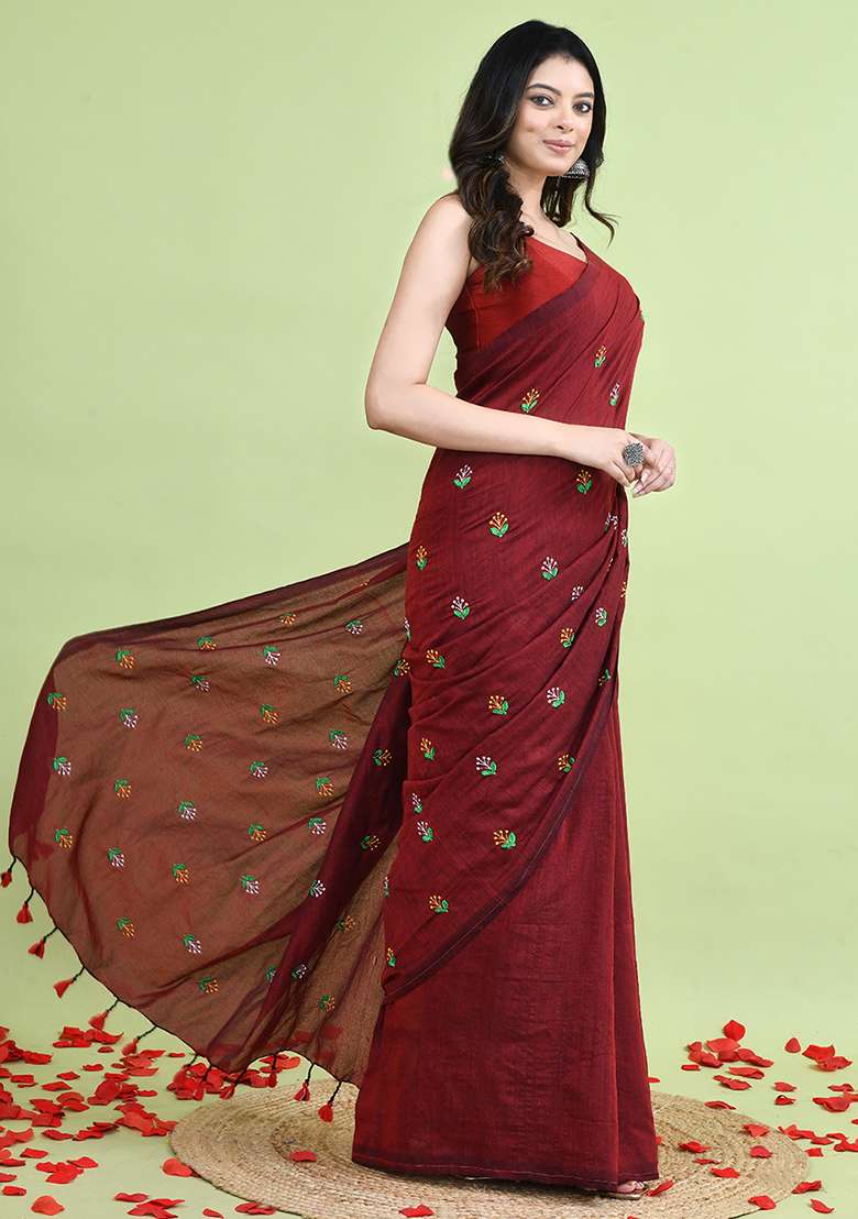 Brown Hand Embroidery Khadi Saree Set for Diwali and Festive Wear - Indya
