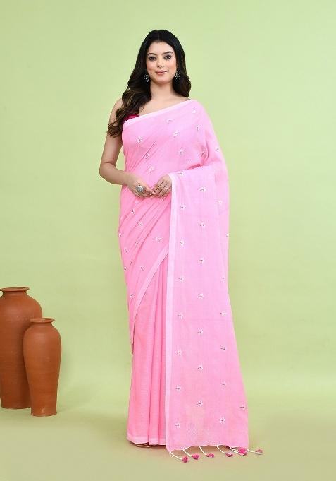 Brown Hand Embroidery Khadi Saree Set