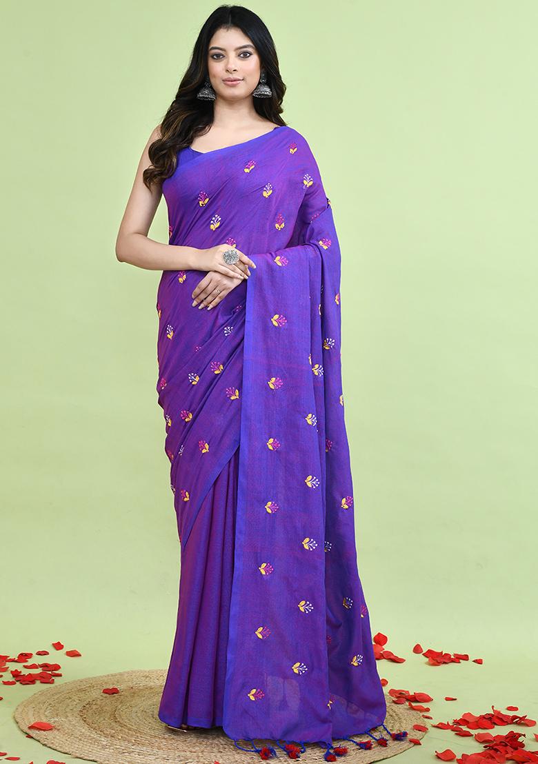 Purple Hand Embroidery Khadi Saree Set