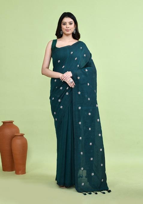 Purple Hand Embroidery Khadi Saree Set