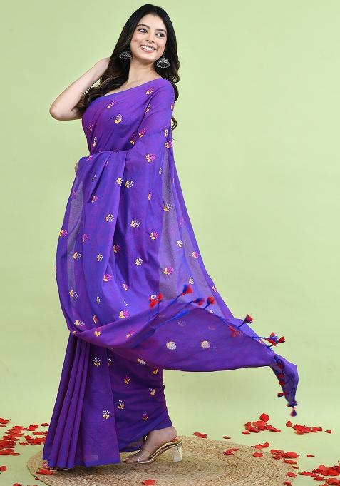 Purple Hand Embroidery Khadi Saree Set