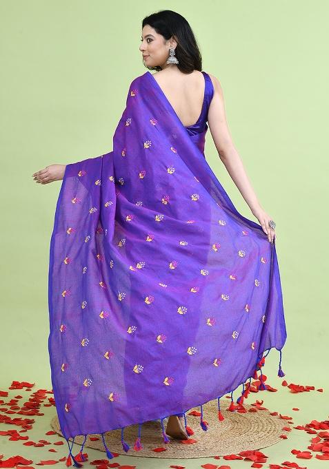 Purple Hand Embroidery Khadi Saree Set