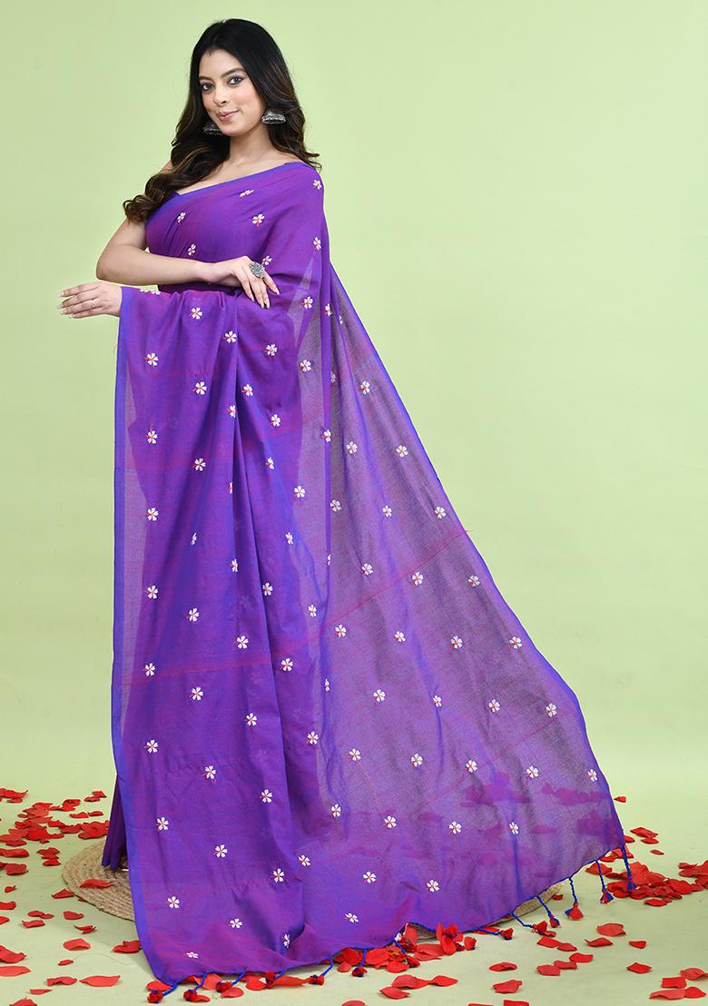 Violet Hand Embroidery Khadi Saree Set - Indya