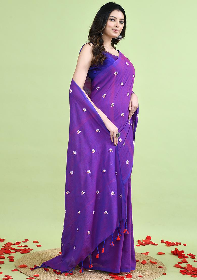 Violet Hand Embroidery Khadi Saree Set - Indya
