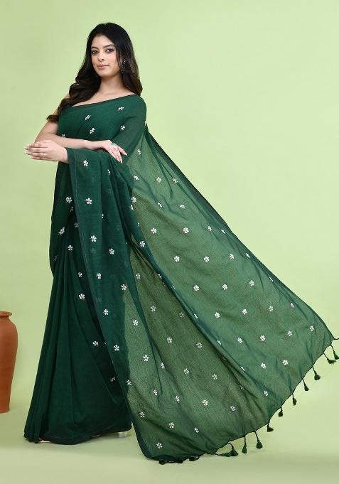 Violet Hand Embroidery Khadi Saree Set