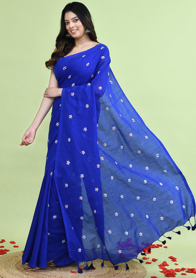 Blue Hand Embroidery Khadi Saree Set - Indya