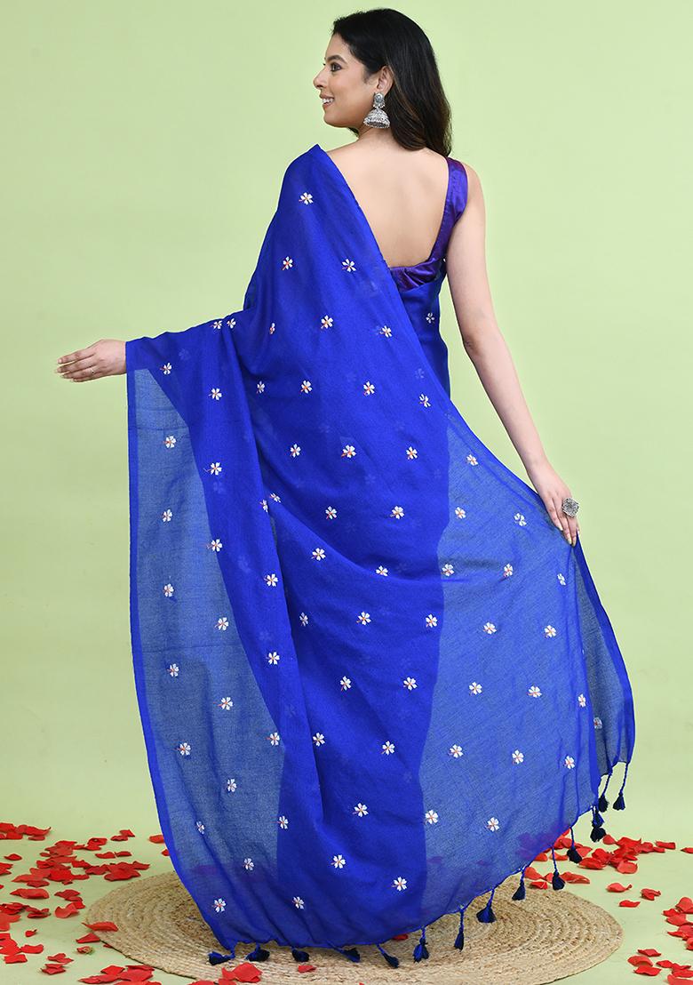 Blue Hand Embroidery Khadi Saree Set