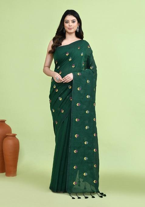 Blue Hand Embroidery Khadi Saree Set