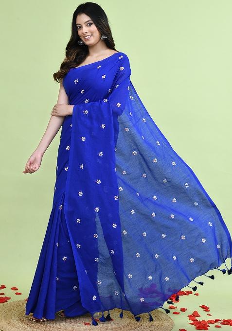 Blue Hand Embroidery Khadi Saree Set