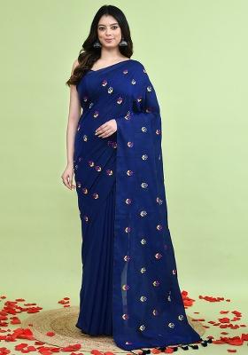 Blue Hand Embroidery Khadi Saree Set