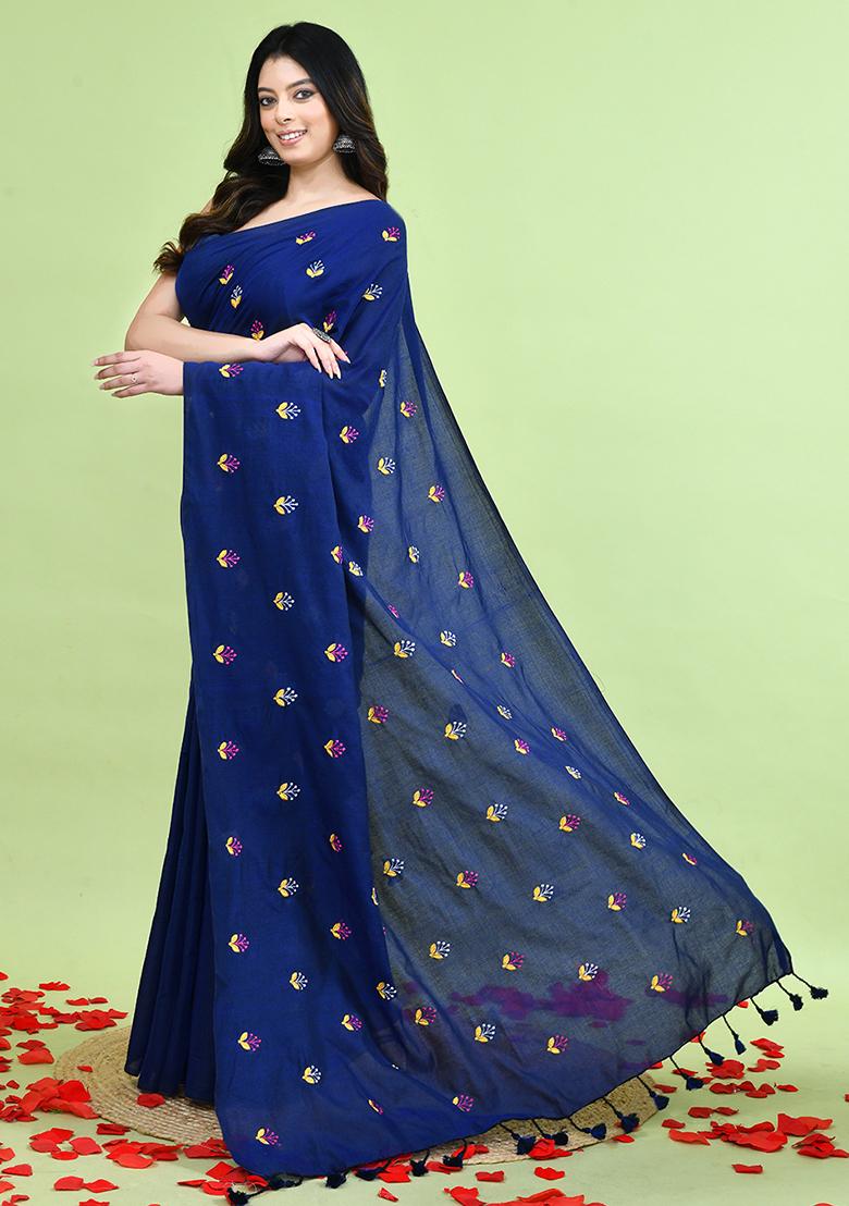 Blue Hand Embroidery Khadi Saree Set - Indya