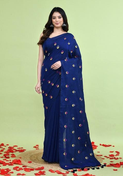 Blue Hand Embroidery Khadi Saree Set