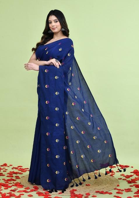 Blue Hand Embroidery Khadi Saree Set