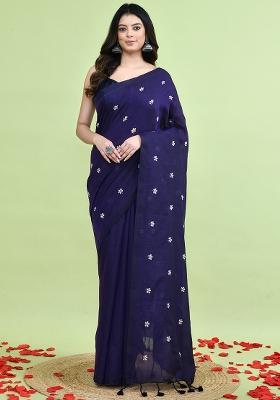 Violet Hand Embroidery Khadi Saree Set