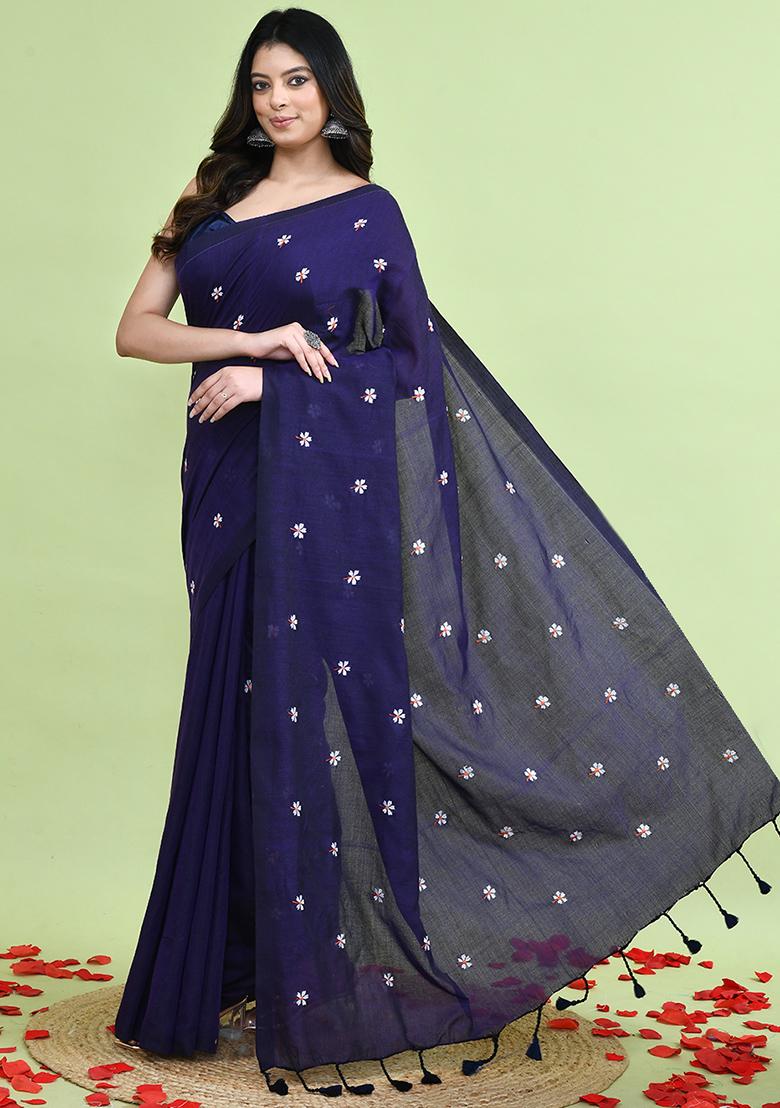 Violet Hand Embroidery Khadi Saree Set - Indya