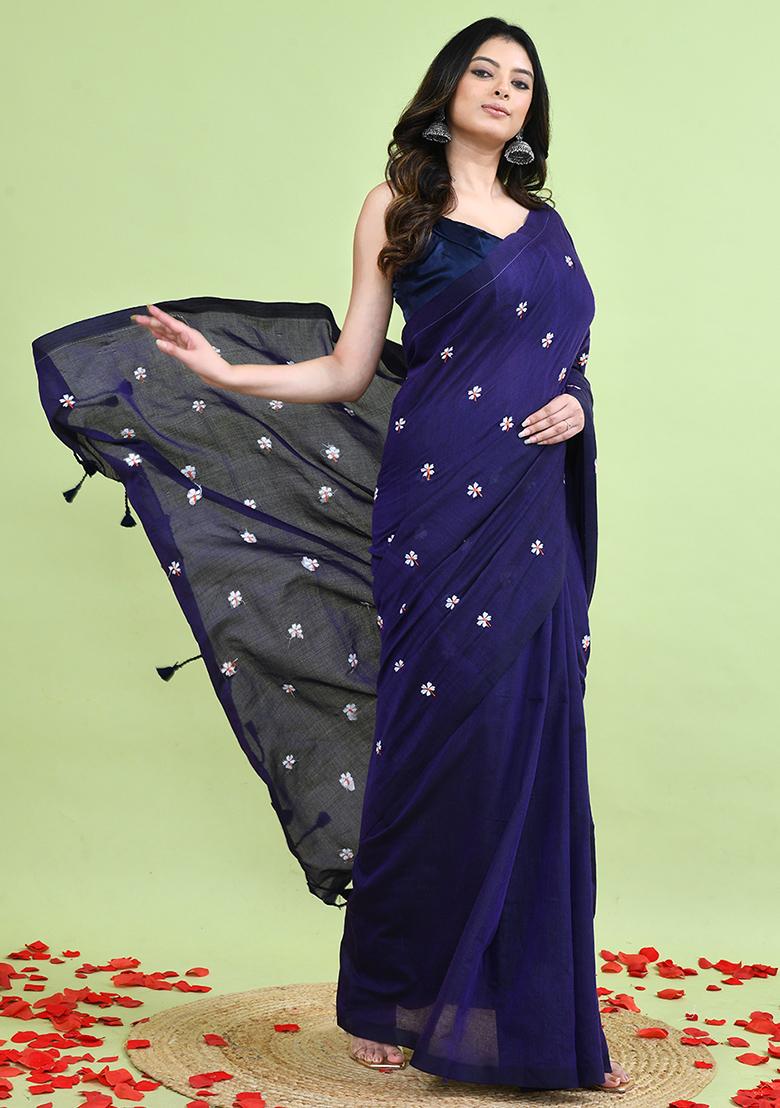 Violet Hand Embroidery Khadi Saree Set - Indya
