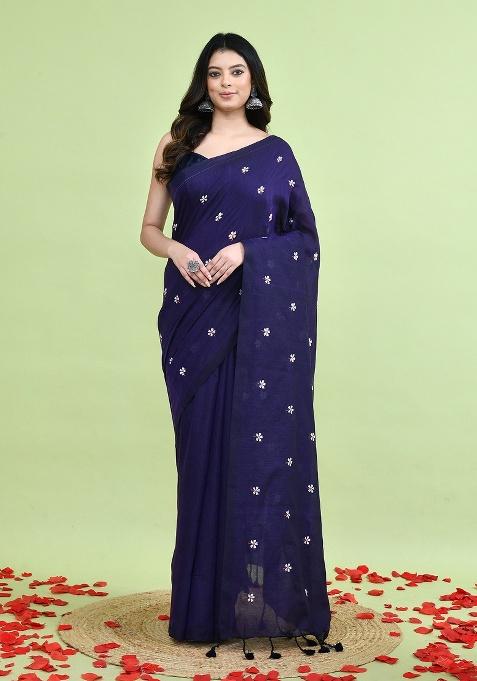 Violet Hand Embroidery Khadi Saree Set