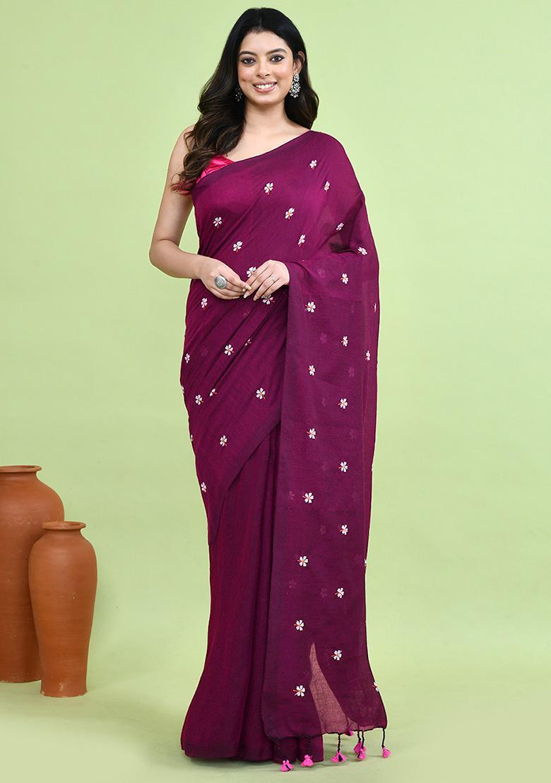 Magenta Hand Embroidery Khadi Saree Set