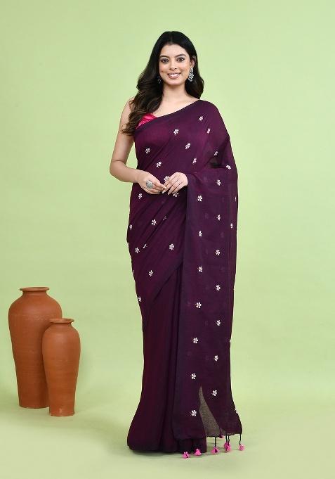 Magenta Hand Embroidery Khadi Saree Set