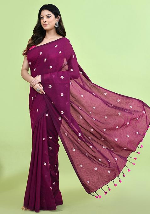 Magenta Hand Embroidery Khadi Saree Set