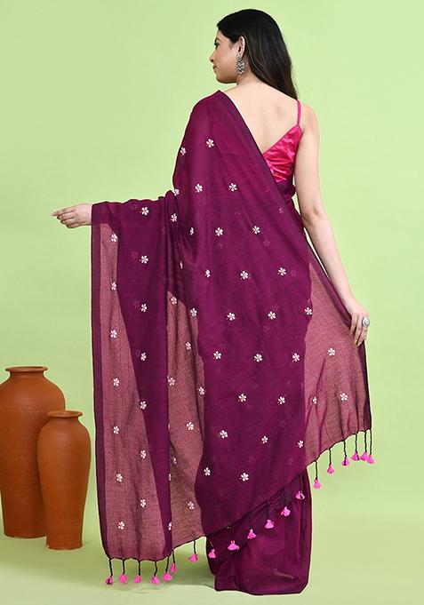 Magenta Hand Embroidery Khadi Saree Set