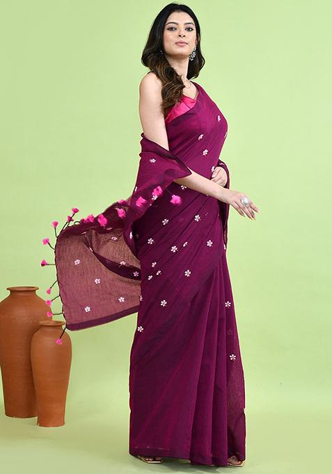 Magenta Hand Embroidery Khadi Saree Set