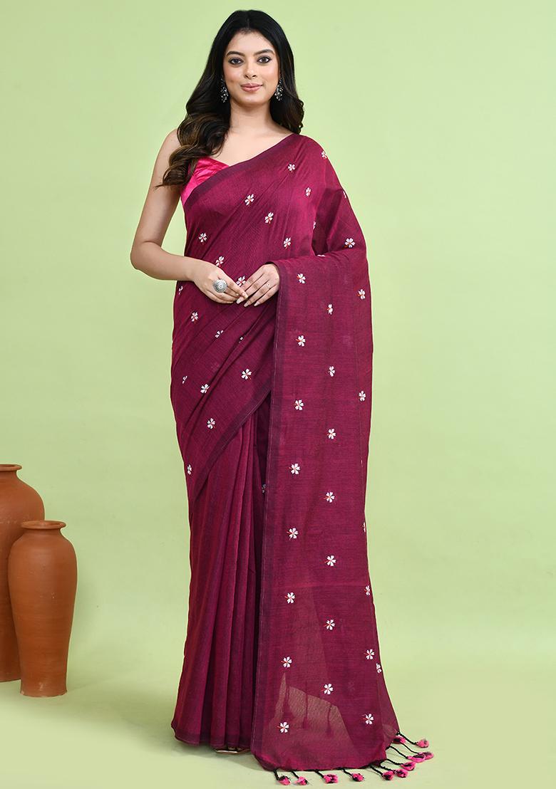 Magenta Hand Embroidery Khadi Saree Set