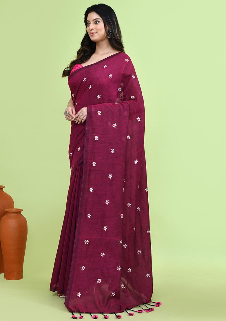Magenta Hand Embroidery Khadi Saree Set