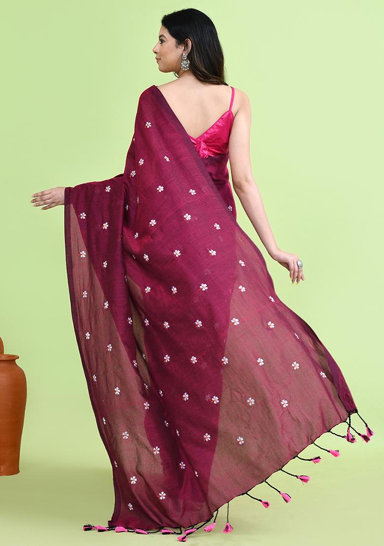 Magenta Hand Embroidery Khadi Saree Set